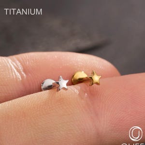 Può includere: Due orecchini a forma di stella. Uno è color argento e l'altro dorato. La parola "TITANIUM" è stampata in bianco nella parte superiore dell'immagine. I gioielli sono progettati per piercing.