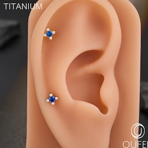 18G 6mm Titanium Threadless Push Pin Stud Earring– Sapphire CZ Flat Back Nose Piercing
