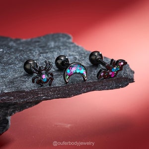 16G 3PCS Glitter Powder Moon/Bat/Spider Cartilage Studs Set Screw Ball Back/Black Halloween Earring/Helix/Conch/tragus piercing stud/Gifts