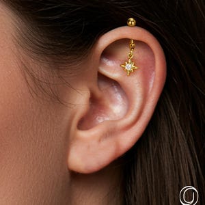 16G Starburst CZ Hidden Vertical Helix Earring, Dangle Hidden Rook Piercing, Gold/Silver