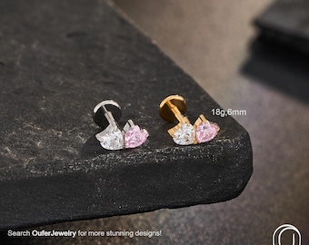 18G 6mm Gold/Silver Tiny Threadless Push-In Flat Back Stud – Heart Pink CZ Stud Earring
