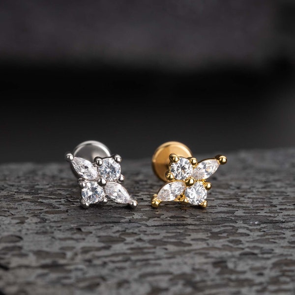 16G Flower CZ Stud Earring/Cartilage Studs/Helix Stud/Tragus Stud/Conch Earring Stud/Tiny Gold Earring Stud/Internally Threaded Earring Stud