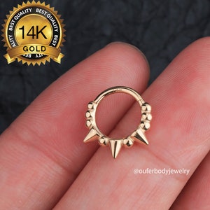14K Solid Gold Spike Septum Ring/Nose Ring/Bead Daith Hoop/Cartilage Earrings/Punk Triple Spikes Septum Clicker/Helix Hoop/Conch Hoop/Gifts
