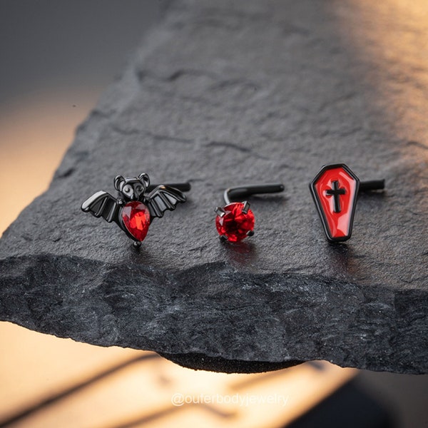 20G 3PCS Bat/Roud CZ/Red Coffin L-Shaped Nostril Studs Set/Nose Ring/Nose Jewelry/Nose Piercing Jewelry/Tiny Black Nose Stud/Halloween Gift