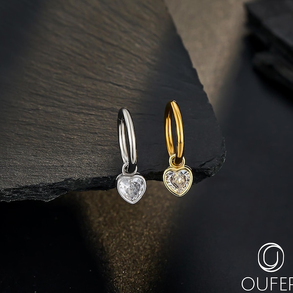 14G Dangle Heart CZ Belly Hoop Clicker - Bauchnabelpiercing, aufklappbarer Bauchnabelpiercing, Gold oder Silber