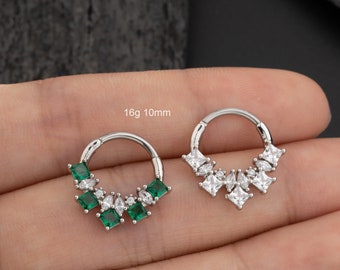 16G Emerald Luxury Septum Ring/Princess cut Daith Earring/Green CZ Cartilage Earring/Septum Jewelry/Helix/Conch/Tragus Piercing Hoop/Gifts