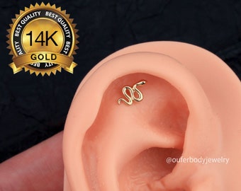 14K Gold Snake Cartilage Flat Back Labret Earrings/Threadless push pin studs/conch earring/tiny cartilage stud/forward helix/tragus studs