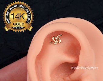 14K Gold Schlange Knorpel flache Rückseite Labret Ohrringe / fadenlose Ohrstecker / Muschel Ohrstecker / winzige Knorpel Ohrstecker / vordere Helix / Tragus Ohrstecker