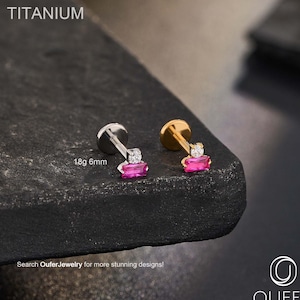 18G 6mm Titanium Pink CZ Threadless Labret Stud– Push Pin Flat Back Earring,  Nose Piercing 1pcs