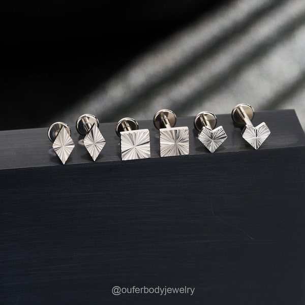 Piercing a perno piatto senza filettatura in titanio 16G/piercing a rombo/quadrato/cuore con taglio a diamante/piercing a perno per cartilagine/piercing a perno per trago/elica/conca/piercing a perno per naso