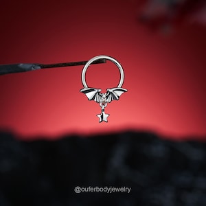 16G Silver Bat Septum Ring Dangling Star Hoop Clicker/Helix Earring/Bat Wing Jewelry/ Halloween Vampire Jewelry/Cartilage Hoop/Gift for her