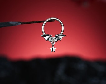 16G Silver Bat Septum Ring Dangling Star Hoop Clicker/Helix Earring/Bat Wing Jewelry/ Halloween Vampire Jewelry/Cartilage Hoop/Gift for her