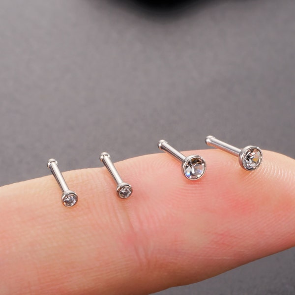 2 Pcs 20G 18G Implant Titanium Tiny Bezel CZ Nose Bone/2mm 3mm Gems Nose Stud/Nose Piercing/Nose Jewelry/Straight Nose Stud/Small Nose stud