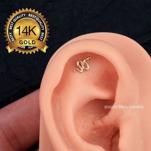 14K Gold Snake Cartilage Flat Back Labret Earrings/Threadless push pin studs/conch earring/tiny cartilage stud/forward helix/tragus studs