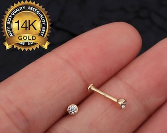14K Solid Gold Round CZ 3mm Labret Stud/Bezel Gemstone Cartilage earring/FlatBack Earrings/Forward Helix stud/Tragus stud/Conch Stud/Thread