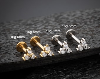 16G Surgical Steel Trinity CZ Threadless Push Pin Labret Stud/Flower Cartilage Stud/Nose/Tragus/Conch/Helix Piercing/Flat Back Earring/Gift