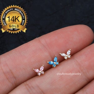 14k CZ Butterfly Cartilage Piercing/Threadless Push-In Labret/Nose/Tragus/Conch/Helix studs/Threadless Earring/Threadless End/Gift for her