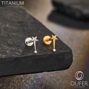 Puede incluir: Dos piercings labret de titanio con parte posterior plana, con un diseño de estrella con una punta colgante y una pequeña piedra transparente en el extremo. Un pendiente es de tono plateado y el otro dorado. Texto TITANIUM y OUFER BODY JEWELRY visible.