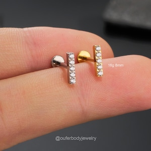 16G Titanium Rectangle CZ Bar Internally Threaded Flat Back Cartilage Stud/Tragus Stud/Conch Stud/Helix Stud/Labret Stud/Dainty Earring/Gift