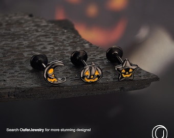 16G 3 stuks halloween pompoen/maan/ster kraakbeen studs/zwarte labret stud/helix/tragus/schelp oorbel platte achterkant/stekers met intern schroefdraad