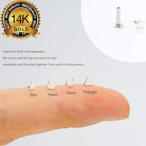 14K Solid White Gold Tiny Star/Heart/Moon/Triangle Threadless Push Pin Labret Stud/Cartilage earring/Nose/Tragus/Conch/Helix FlatBack Stud