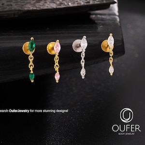 16G 8mm Marquise CZ Dangle Push Pin Labret Stud – Multicolor Oval CZ drop Earring | Threadless Flat Back Stud,Cartilage/Helix/Conch Piercing