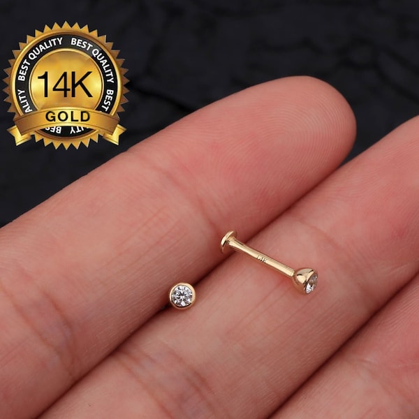 14K Solid Gold Round CZ 3mm Labret Stud/Bezel Gemstone Cartilage earring/FlatBack Earrings/Forward Helix stud/Tragus stud/Conch Stud/Thread