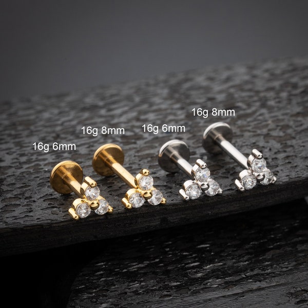 16G Surgical Steel Trinity CZ Threadless Push Pin Labret Stud/Flower Cartilage Stud/Nose/Tragus/Conch/Helix Piercing/Flat Back Earring/Gift