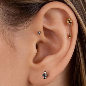 Puede incluir: Primer plano de una oreja adornada con múltiples pendientes de botón. Los pendientes presentan un grupo de pequeñas cuentas redondas en tonos plateados y dorados. La oreja está sobre un fondo borroso, resaltando las joyas.