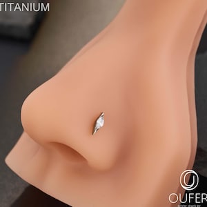 May include: A silver nose stud with a clear, oval-shaped gemstone. The stud is set in a curved, wing-like design. The word "TITANIUM" is printed in white in the upper left corner. The image is of a nose on a mannequin.