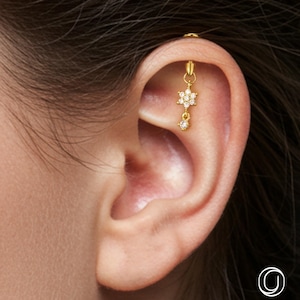 16G Flower CZ Hidden Vertical Helix Earring, Dangle Hidden Rook Piercing