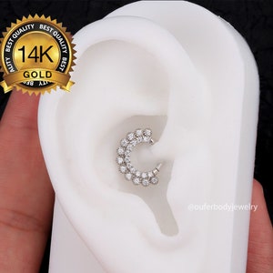 14K White Gold CZ Septum Ring/Daith Earring/Stacked Daith Hoop/Layered Segment Clicker/Cartilage/Nose/Tragus/Helix/Conch Hoop/Gift For Her