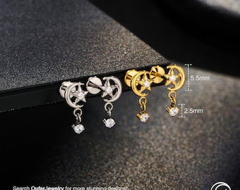 Brinco labret de ouro/prata 18G 6 mm com lua e estrela – Brinco celestial sem rosca para concha, tragus, hélix e cartilagem – Fecho de pressão, para orelha esquerda ou direita