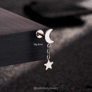 16G Titanium Moon&Star Dangle Cartilage Stud/Internally Threaded/Stud Earring/Helix Stud/Tragus Stud/1PCS/Conch Stud/Stacking Earring/Gift