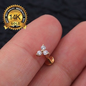 14k Solid Gold Threadless Push Pin Labret Stud/Triple CZ Push in Threadless End/Nose/Tragus/Cartilage/Conch/Helix Piercing/Flat Back Earring