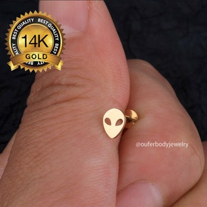 14K Gold Alien Labret Stud Flat Back Earring/Threadless Push-In Labret/Nose/Tragus/Cartilage/Conch/Forward Helix Piercing/Threadless ends