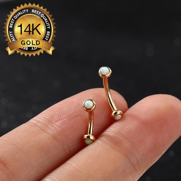 16G 14K Solid Gold Bezel White Opal Curved Barbell/Internally Threaded/Rook Earring/Eyebrow Piercing/Vertical Labret Jewelry