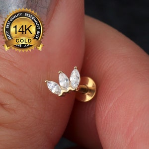 Labret à insérer avec couronne sans filetage en or massif 14 carats/conque délicate, nez, hélice, cartilage, piercing au tragus/CZ transparent clou d'oreille à dos plat/cadeau pour elle