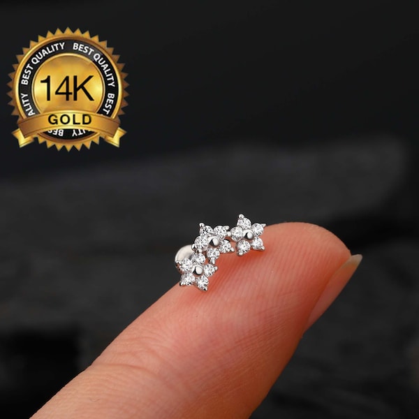 14k Weißgold CZ Blume fadenlose Push-In Labret / Knorpelohrring/innere Conch Bolzen/Nase/Tragus/Ohrlappen/vorwärts Helix Ohrstecker/Geschenk für sie