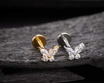 16G 18G Threadless Butterfly Push-In Labret/Tragus/Cartilage/Conch/Forward Helix Stud/Nose Piercing/Push Pin Flat Back Earring Silver Gold