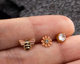3Pcs 20G Pink Bee Honeycomb Flower L Shape Nose Studs/Nose Ring/Nose Jewelry/Nose Piercing/Nostril Jewelry/Tiny Gold Nose Studs/Gift For Her