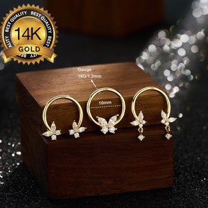 14K Solid Gold Butterfly CZ Horseshoe Septum Ring/Nose Ring/Daith Earring/Cartilage Hoop/dangle horseshoe butterfly Jewelry/Septum Clicker