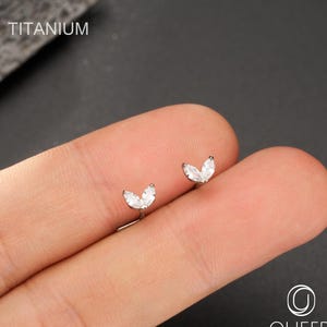 May include: Two small, silver-colored titanium earrings, each featuring a marquise-cut, clear crystal design. The earrings are in the shape of a leaf or a V-shape. The word "TITANIUM" is visible in the upper left corner.