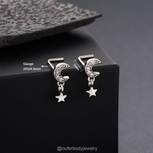 20G Dangle CZ Moon&Star L Shape Nose Stud/Nose Ring/Nose Jewelry/Nose Piercing/Nostril Jewelry/Tiny Gold Nose Studs/Gift For Her/Nose Bone