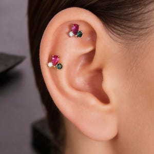 16G 6m Ruby Teardrop CZ Flat Back Earring–Internally Threaded Ruby/Purple CZ Stud Earring for Cartilage, Conch, Helix, Tragus, Lobe,& Labret