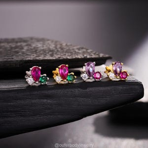16G 6m Ruby Teardrop CZ Flat Back Earring–Internally Threaded Ruby/Purple CZ Stud Earring for Cartilage, Conch, Helix, Tragus, Lobe,& Labret