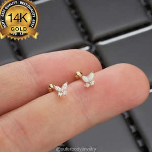 Piercing a farfalla in oro massiccio 14K CZ/opale/estremità a sfera con chiusura a vite/piercing a elica/piercing a conca/piercing a trago/piccolo orecchino in oro/orecchino a cartilagine