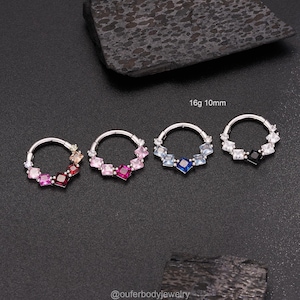 16G Colorful Square CZ Septum Ring – Hinged Segment Clicker/Daith Hoop/Cartilage,Septum,Tragus,Helix,Conch Piercings, Dainty Septum Piercing