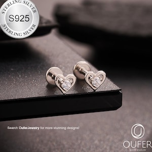 925 Sterling Silver Heart Shape with Round CZ Cartilage Stud/Internally Threaded Flat Back Stud/Labret stud/Helix/Conch/Tragus Earring/Gifts