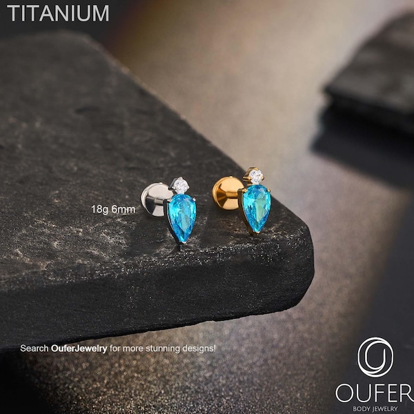 18G Titanium Pear-shaped Blue CZ Labret Stud – Threadless Push Pin Flat Back Earring